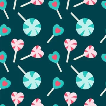 Fruit and mint candy background. Candy pattern on a stick in the form of hearts Illustrazione stock