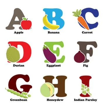 Fruit and vegetable alphabet Illustrazione stock