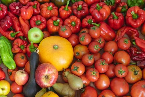Fruit and vegetable background. Top view. Stock Photos