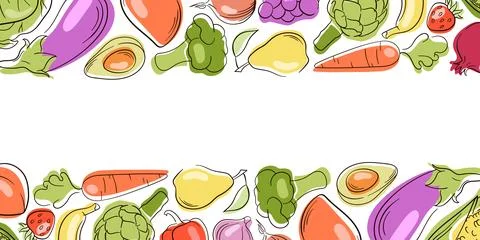 Fruit and vegetable border illustration in flat style on white background. Fresh Stock Illustration