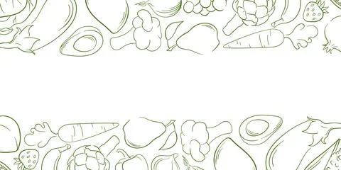 Fruit and vegetable border illustration in line art style on white background 스톡 일러스트
