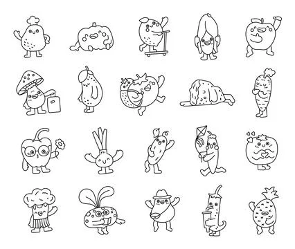 Fruit and vegetable character set in outline line Stock-Illustration