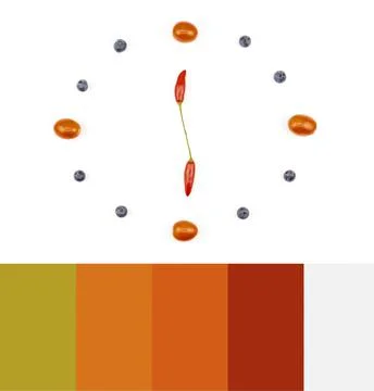 Fruit And Vegetable Clock On White Background With Color Palette イラスト素材
