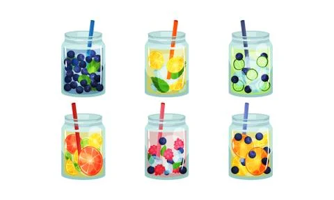 Fruit and Vegetable Cold Fresh Beverages Poured in Glass Jars With Straw Vector Stock Illustration