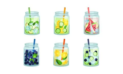Fruit and Vegetable Cold Fresh Beverages Poured in Glass Jars With Straw Vector Stock Illustration