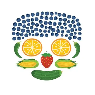 Fruit and vegetable face. Funny healthy mask with oranges instead of eyes Illustrazione stock