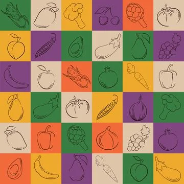 Fruit and vegetable geometric seamless pattern. Food background in line art Stock Illustration