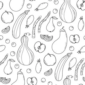 Fruit and vegetable hand drawn pattern. Doodle style plant print. Stock Illustration