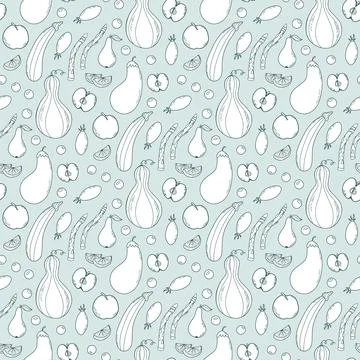 Fruit and vegetable hand drawn pattern. Doodle style plant print. Stock Illustration