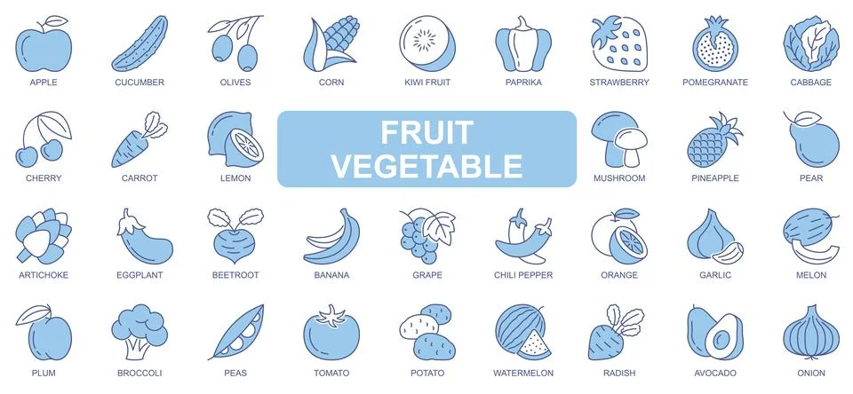 Fruit and vegetable icons set in duotone outline stroke design for web. Pack  Stock Illustration