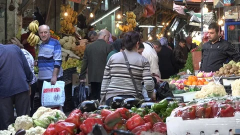 Fruit and vegetable market in central Amman, Jordan Stock Footage 71646314