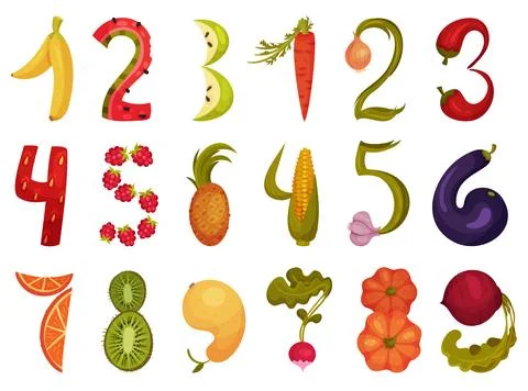 Fruit and Vegetable Numbers and Numerals Big Vector Set Stock Illustration