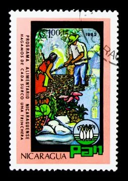 Fruit and vegetable pickers, World Food Day serie, circa 1982 Stock Illustration