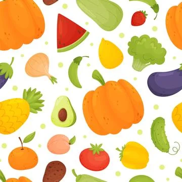 Fruit and Vegetable Seamless Pattern Design with Ripe Garden Crop Vector Stock Illustration