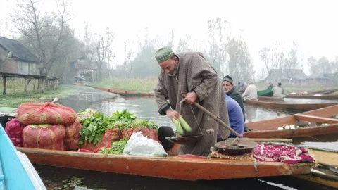 Fruit and vegetable sellers or vendors in Shikaras in a busy floating market Stock Footage 240711128