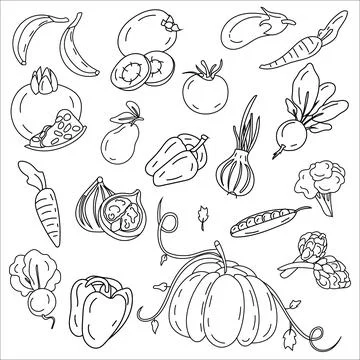 Fruit and vegetable set in black and white, black line, isolated. Stock Illustration