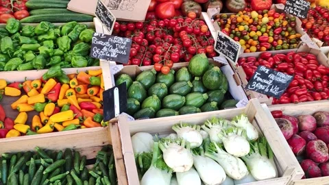 Fruit and vegetable stall in a market in the south of France Stock Footage 246981783