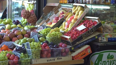 Fruit and vegetable stalls in Athens, Greece Stock Footage 97837860