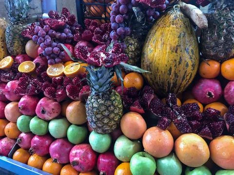 Fruit and vegetable stands on display in the middle of Istanbul Markets Turkey. Stock Photos