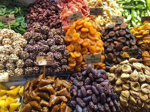 Fruit and vegetable stands on display in the middle of Istanbul Markets Turkey. Stock Photos
