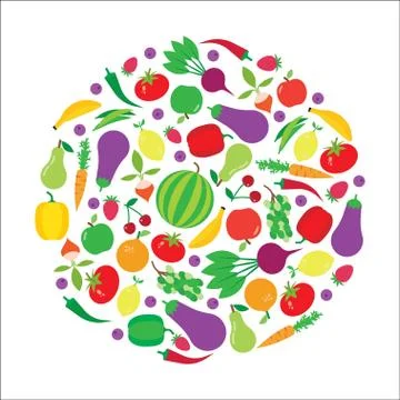 Fruit and vegetable vector circle background. Stock Illustration