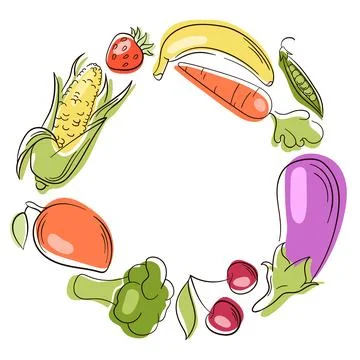 Fruit and vegetable wreath in flat style. Illustration circular frame with Stock Illustration