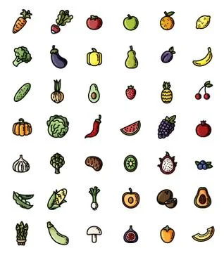 Fruit and vegetables flat design vector colorful icon set. Collection of isol Stock Illustration