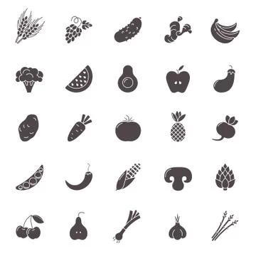 Fruit and Vegetables icon set. Vegan natural bio pictograms. Artichoke, aspar Illustrazione stock