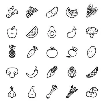 Fruit and Vegetables icon set. Vegan natural bio pictograms. Artichoke, aspar Stock Illustration