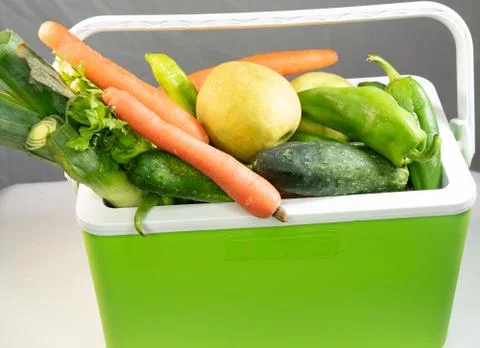 Fruit and vegetables inside hand-held refrigerator Stock Photos