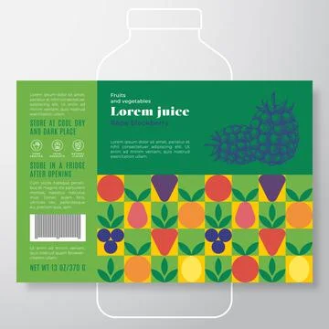Fruit and Vegetables Pattern Juice Label Template. Abstract Vector Packaging Illustrazione stock