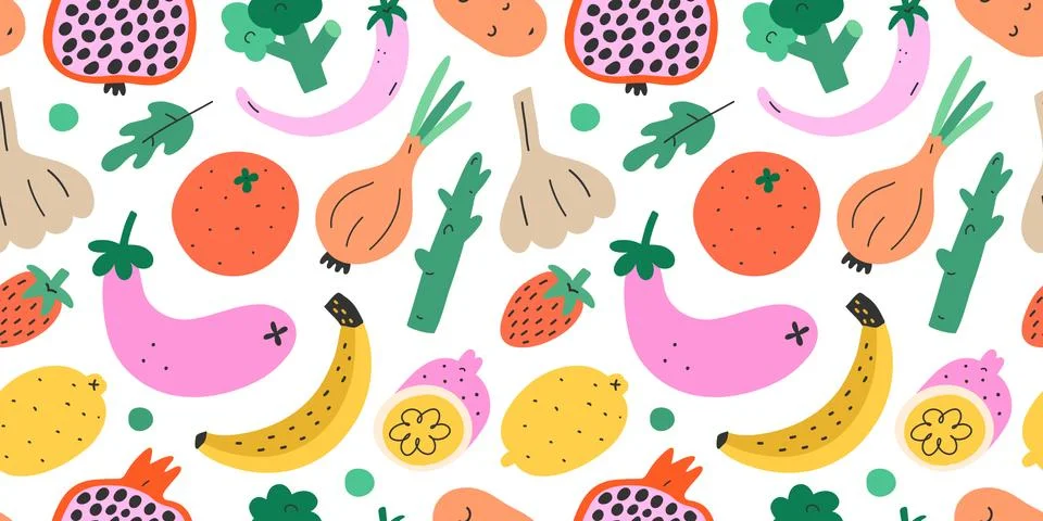 Fruit and vegetables, seamless pattern, hand drawn colorful doodle veggies Stock Illustration