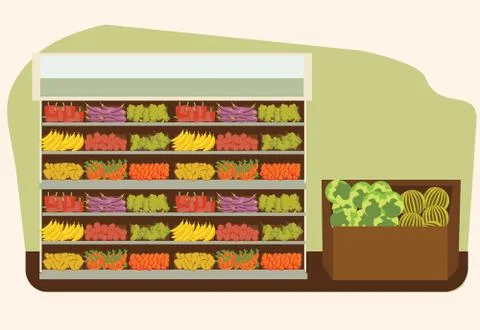 Fruit and vegetables shelf with fresh healthy food in supermarket, big choice of Stock Illustration