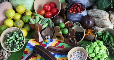 Fruit and vegetables table  Ghana dinner party pan 4K Видео 165267782