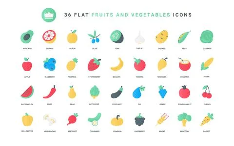 Fruit and vegetables trendy flat icons set, fresh food outline agriculture Stock Illustration