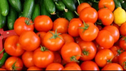 Fruit and veggies in basket, close up of tomatoes, cucumbers and lemons Stock Footage 10793726