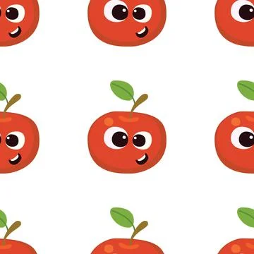 Fruit baby cartoon seamless pattern. Apple character with cute face pattern Illustrazione stock