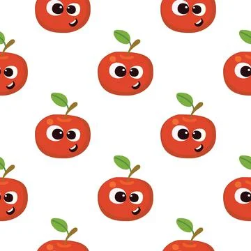 Fruit baby cartoon seamless pattern. Apple character with cute face pattern Stock Illustration