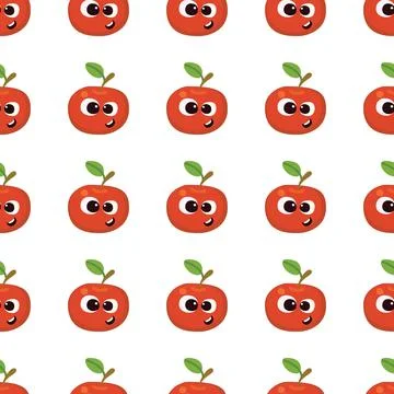 Fruit baby cartoon seamless pattern. Apple character with cute face pattern Illustrazione stock