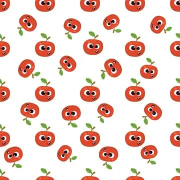 Fruit baby cartoon seamless pattern. Apple character with cute face pattern Stock Illustration