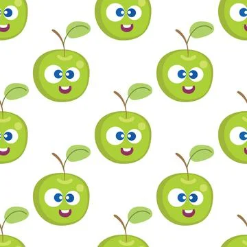 Fruit baby cartoon seamless pattern. Apple character with cute face pattern Stock Illustration