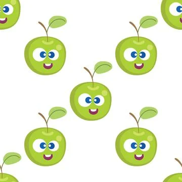 Fruit baby cartoon seamless pattern. Apple character with cute face pattern Illustrazione stock