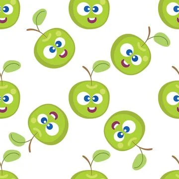 Fruit baby cartoon seamless pattern. Apple character with cute face pattern Stock Illustration