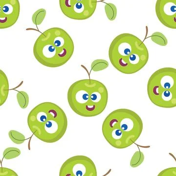 Fruit baby cartoon seamless pattern. Apple character with cute face pattern Illustrazione stock