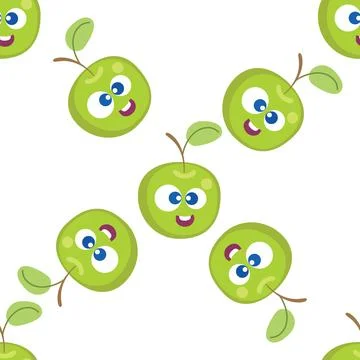 Fruit baby cartoon seamless pattern. Apple character with cute face pattern Illustrazione stock