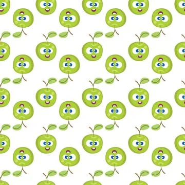 Fruit baby cartoon seamless pattern. Apple character with cute face pattern Stock Illustration