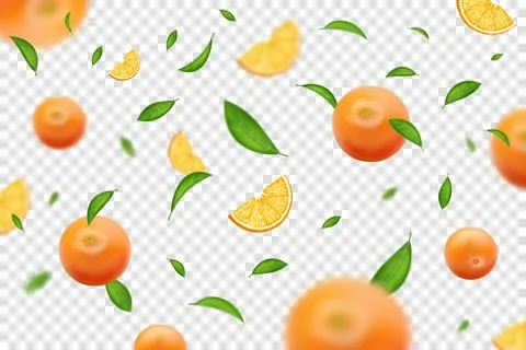 Fruit background. Flying oranges. Fresh juice. 3D falling citrus slices Stock-Illustration