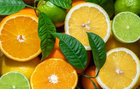 Fruit background. Orange, lemon and lime closeup, macro. Food background. Stock Photos