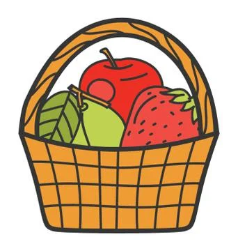 Fruit basket icon in doodle design. Stock Illustration