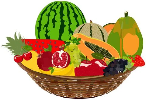 Fruit basket vector drawing on isolated background abstract flat design cartoon Stock Illustration